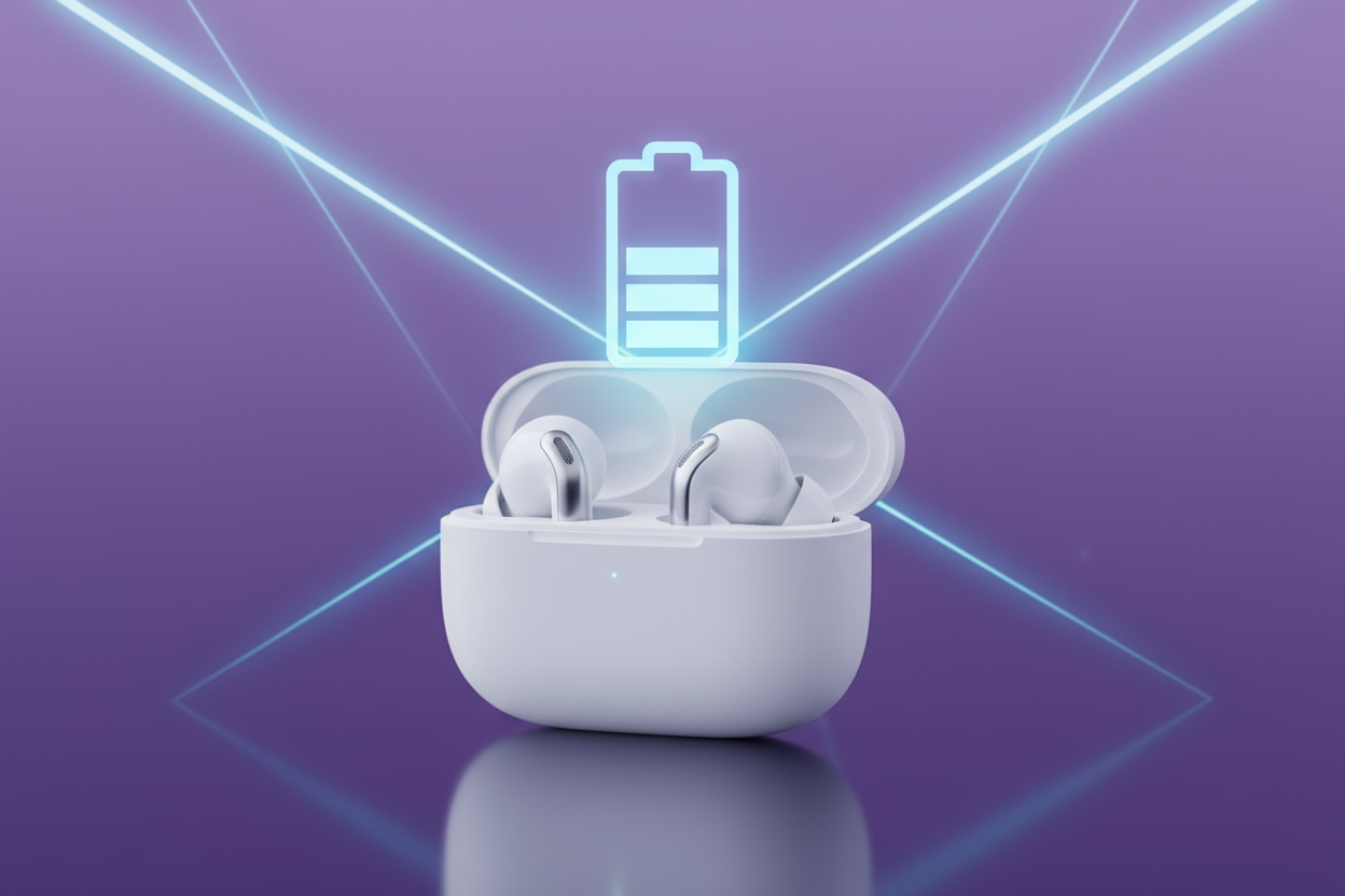 White Bluetooth earbuds placed inside an open charging case on a purple background, glowing battery icon behind the case, futuristic lighting, high-detail product shot, premium modern style.”