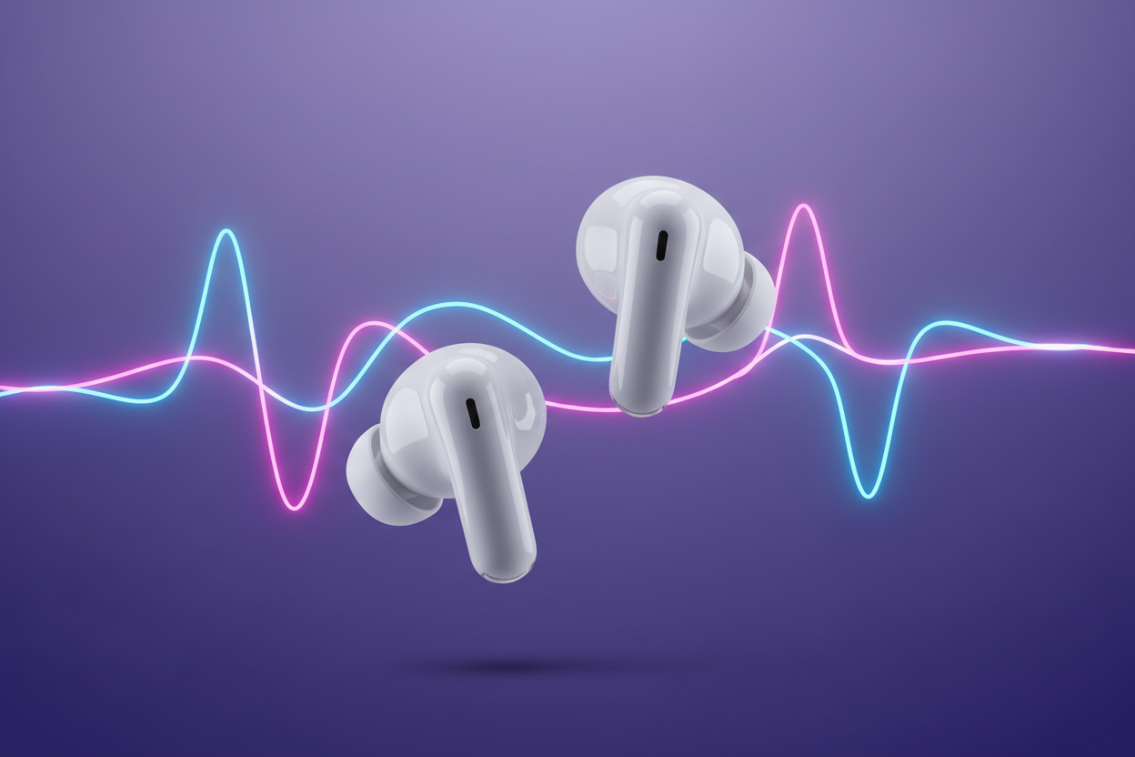“White true-wireless earbuds floating on a clean purple gradient background, with soft neon soundwaves around them, high-quality product lighting, modern tech aesthetic, minimalistic, ultra-realistic.”