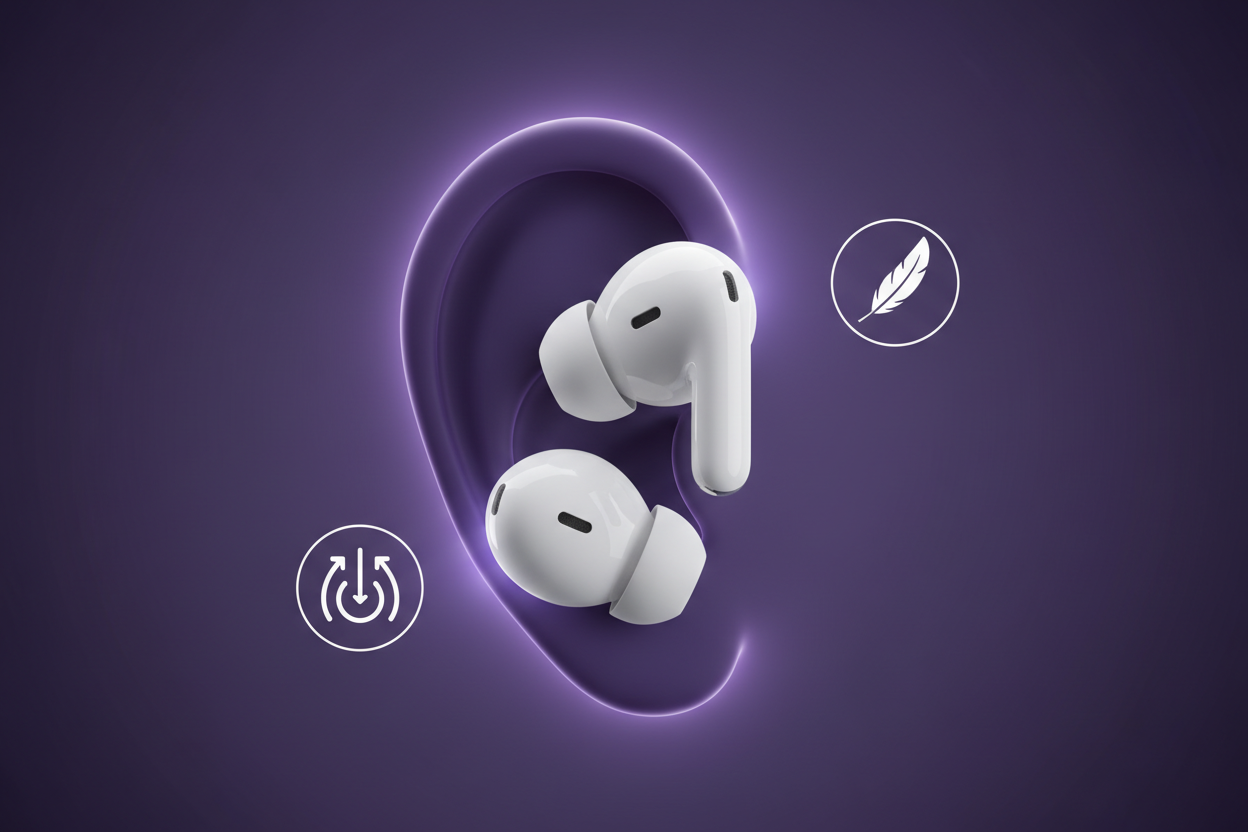 “White TWS earbuds shown close-up in an ear silhouette on a purple backdrop, soft glow around the earbuds, comfort icons (feather, ergonomic symbol), clean and minimal look, realistic studio lighting.”
